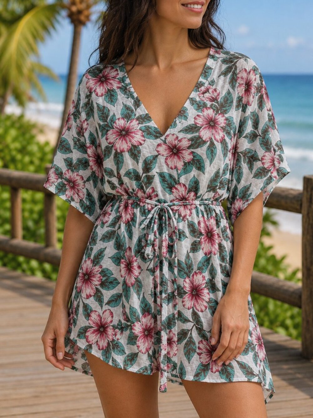 H&M Tropical Floral Tie-Waist V-Neck Tunic Cover-Up Top β S